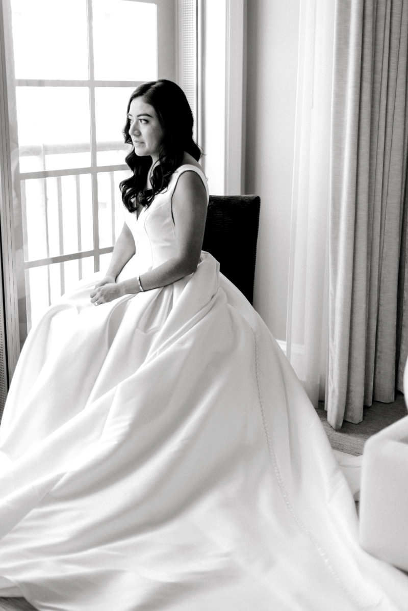 black and white wedding photo of bride