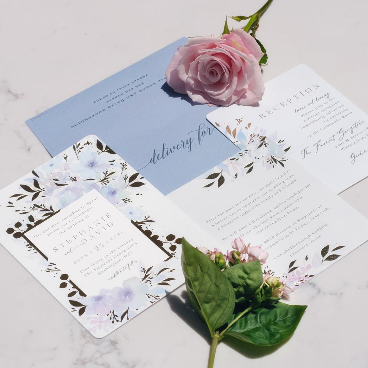 pastel and periwinkle wedding invitation suite