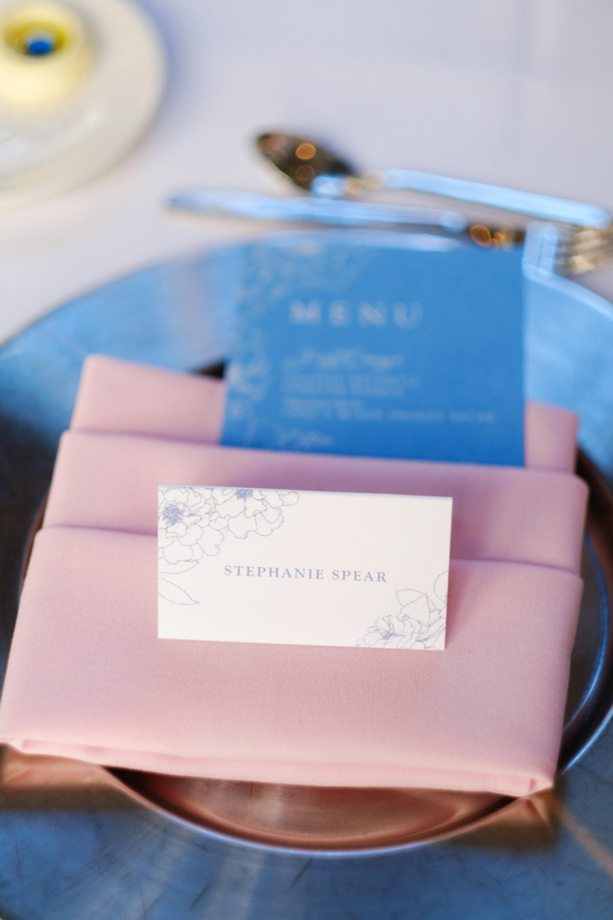 blue menu cards, blush napkins and place cards