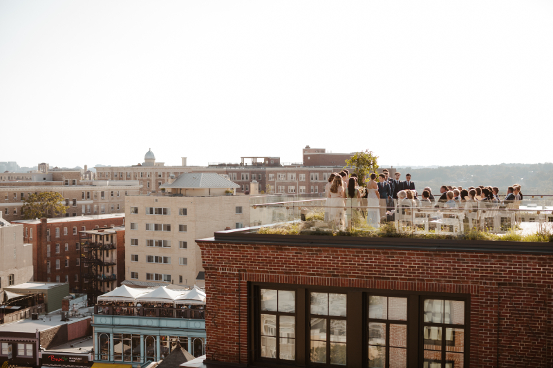 aerial view of rooftop wedding at the Line Hotel