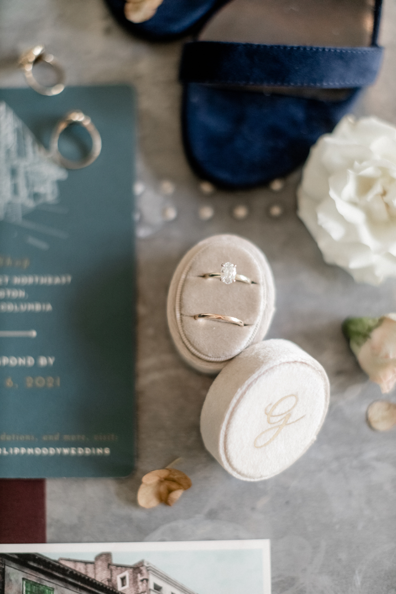 closeup of blue wedding invitation and oval diamond wedding ring