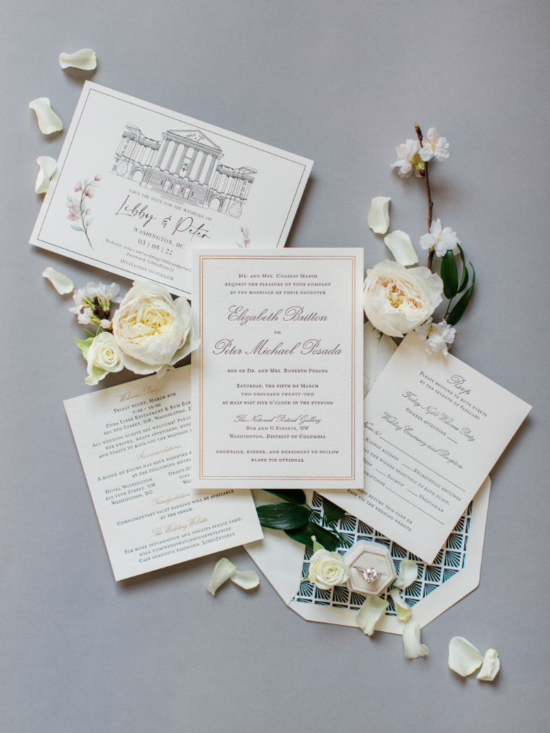 WHITE WEDDING STATIONERY AND ACCESSORIES WITH BLACK FONT AND WHITE ROSES 