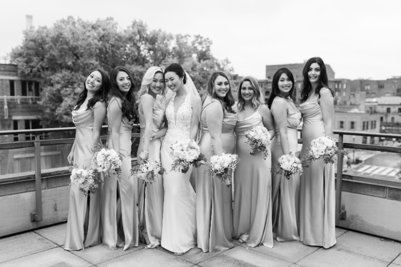 BLACK AND WHITE BRIDE AND BRIDESMAIDS OUTDOOR PORTRAIT