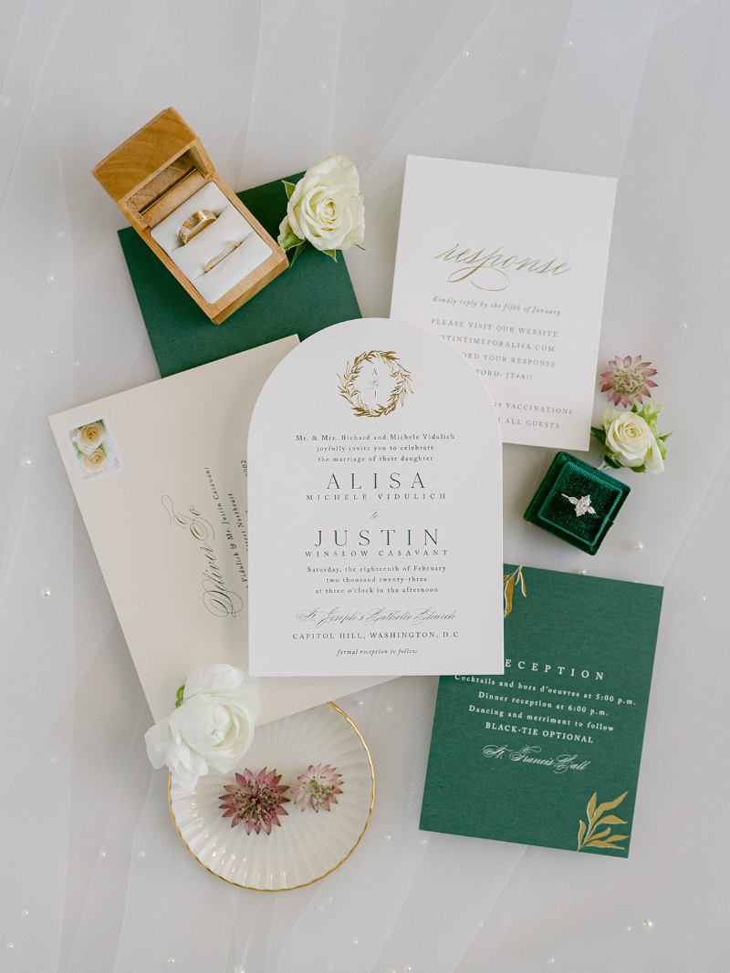 GREEN AND GOLD WEDDING STATIONERY AND ACCESSORIES